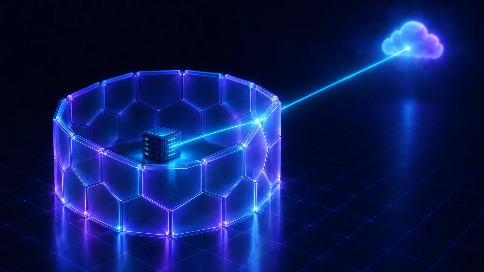 A server inside a sealed firewall sending a single outbound beam to the cloud, illustrating a remote test executor