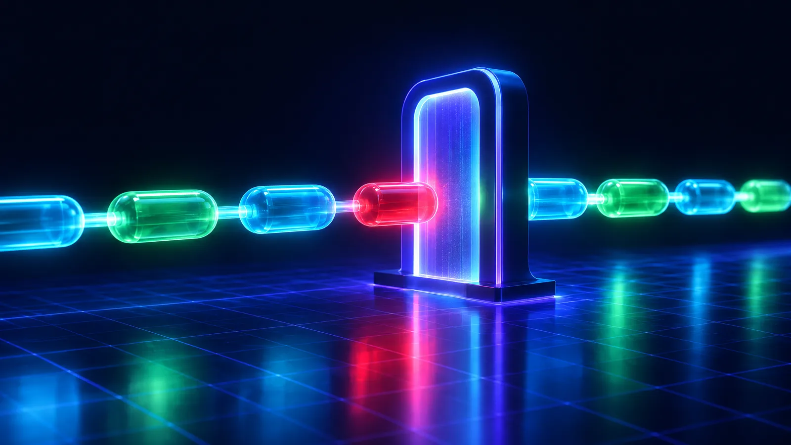 A pipeline of capsules passing through a gate, with one red capsule stopped, illustrating a CI/CD gate blocking a breaking API change