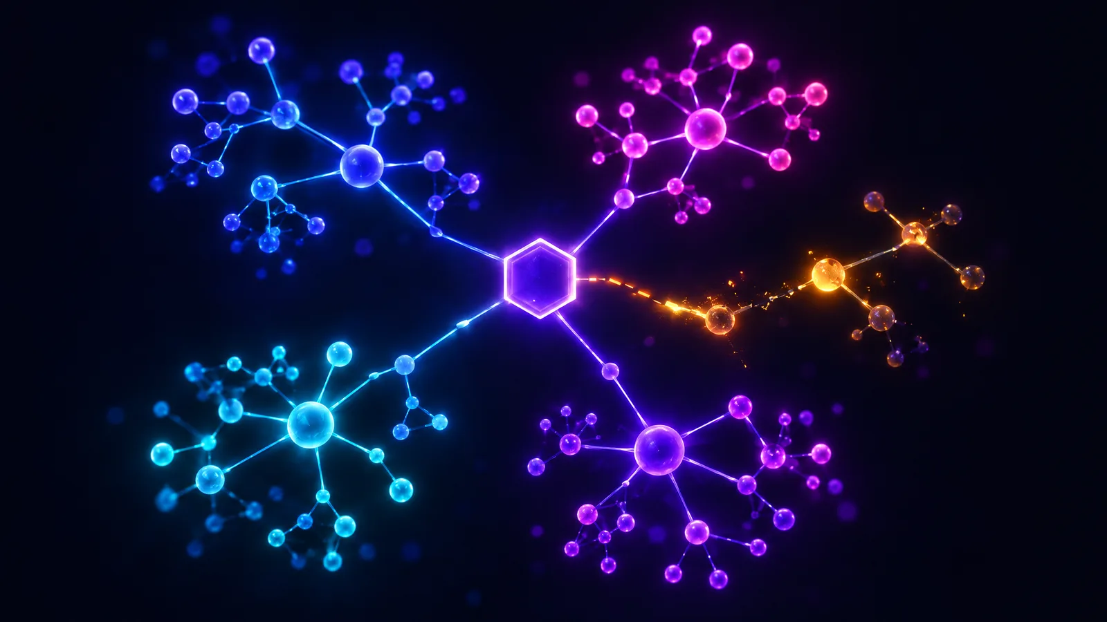 A federated graph of glowing nodes around a central hub, with one branch flickering amber, illustrating a GraphQL regression