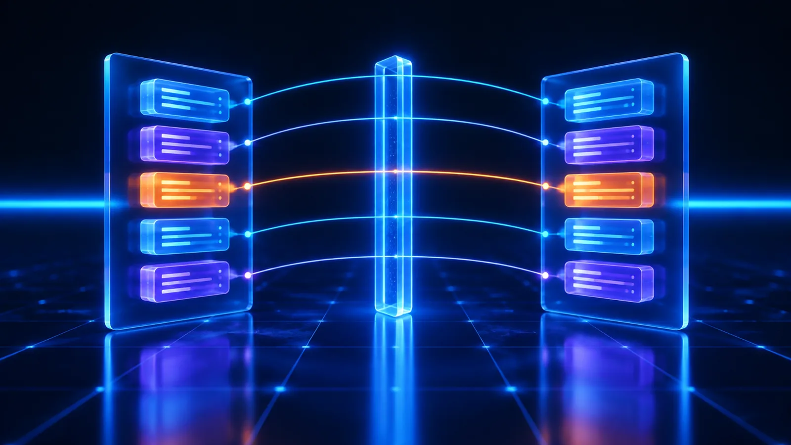Two glowing glass snapshot panels on either side of a deployment gate, connected by comparison lines, with one mismatched pair highlighted in orange